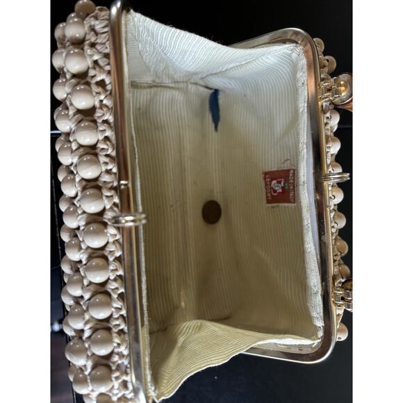 VTG 1950’s Women’s Handbag Beaded Crochet Wicka Weave Wood Handle Brass Accents - Picture 5 of 10